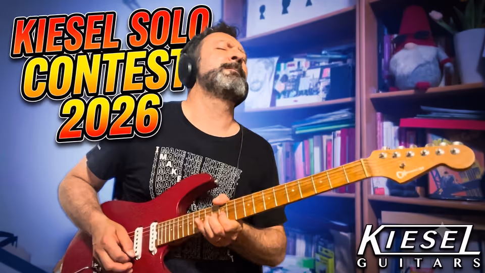 Tamás Hajas (aka Leisure Guitar) plays a red Charvel DX24 guitar in front of a bookshelf. Stylized text reads "KIESEL SOLO CONTEST 2026," with the "Kiesel Guitars" logo in the corner.