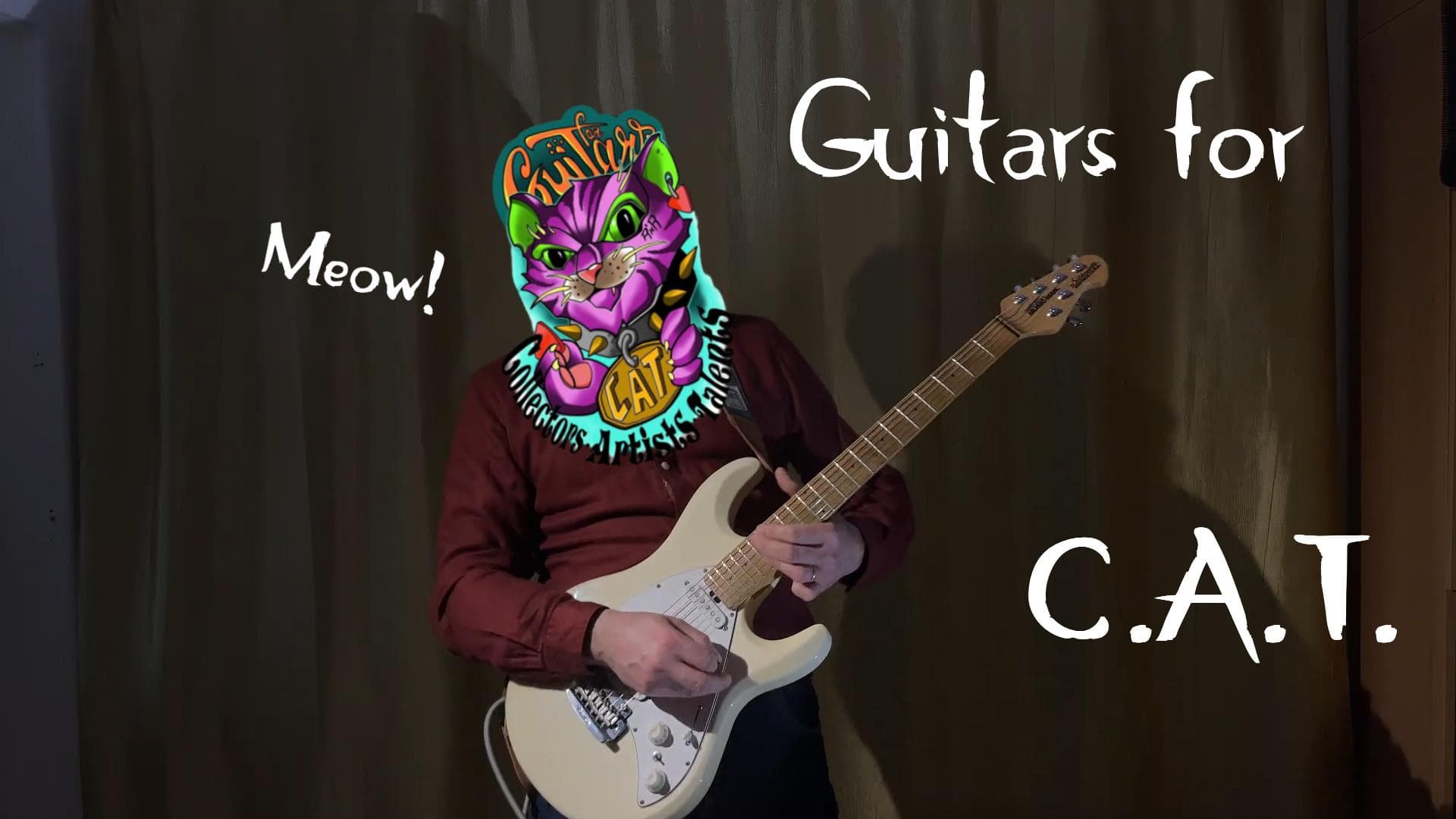 Hajas Tamás (Leisure Guitar) gitárral és a Guitars for C.A.T. macskás logójával.