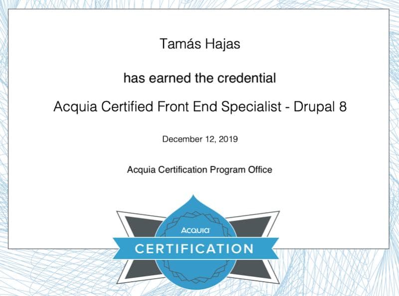 Tamás Hajas's certification being a front-end specialist