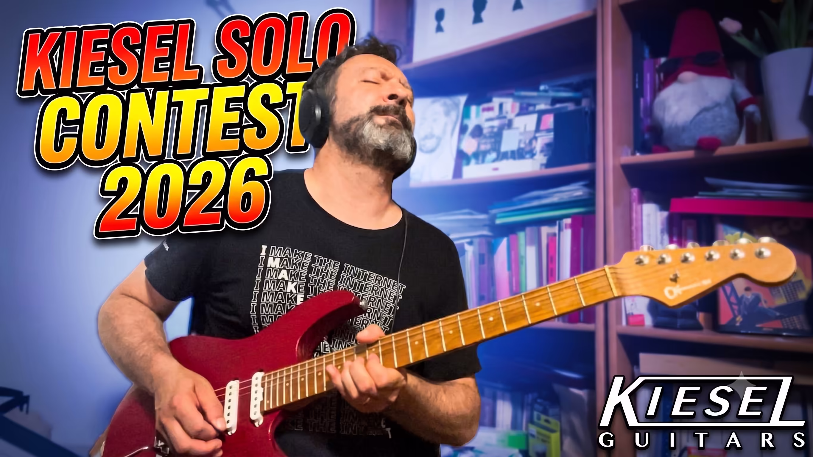 Tamás Hajas (aka Leisure Guitar) plays a red Charvel DX24 guitar in front of a bookshelf. Stylized text reads “KIESEL SOLO CONTEST 2026,” with the “Kiesel Guitars” logo in the corner.